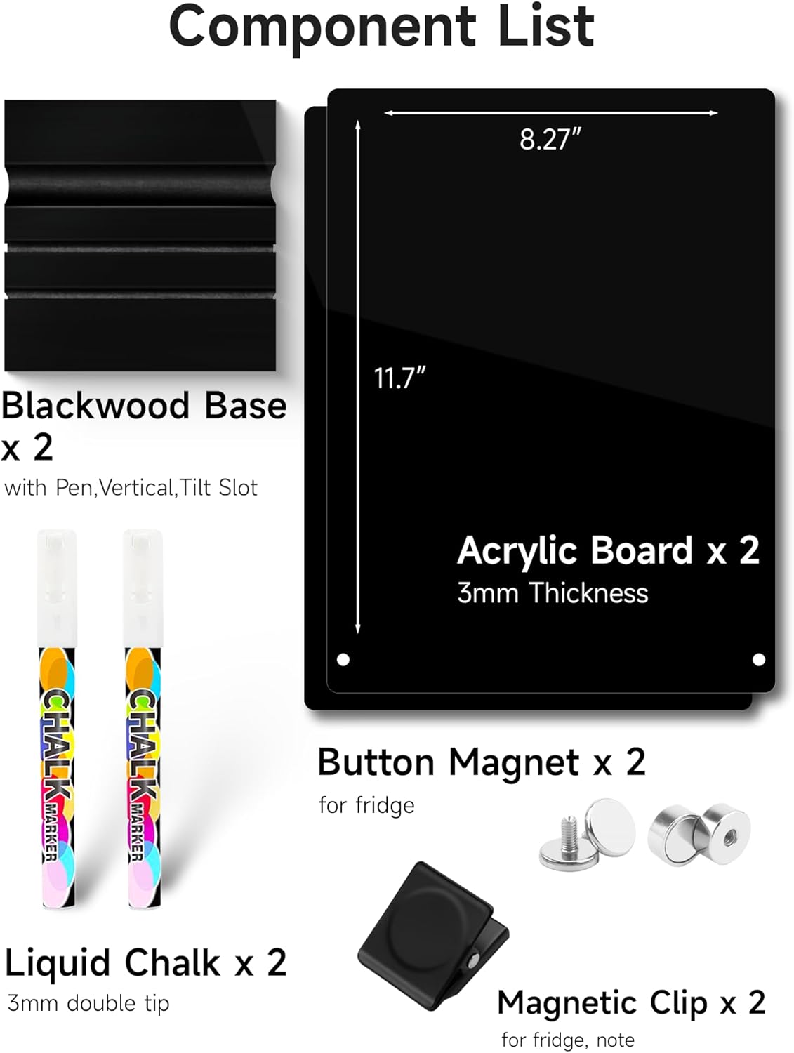 2 PCS Desktop Black Dry Erase Board with Stand - 12” x 8” Small Acrylic Black Board with Marker and Magnetic Clip, Reusable Desk Notepad, to-Do List, Menu Board Signs for Bar, Office, Home