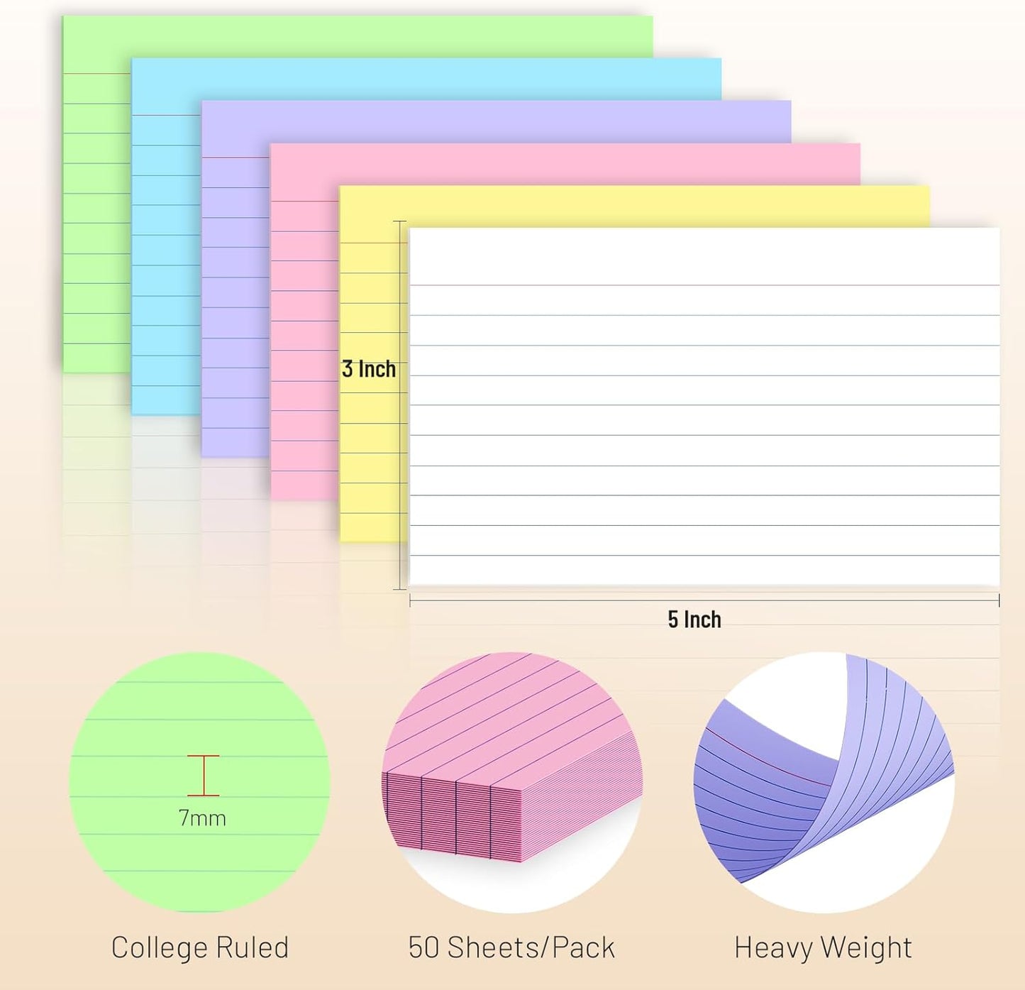 600 Count Colored Index Cards 3 x 5 Inch Ruled Index Cards, Flash Cards College Ruled for School, College, Office and Home Organization, Durable Study To Do List Note Cards with Ruled Lines