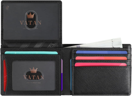 VATAN Wallet for Men, Mens Minimalist Wallet Credit Card Holder, Slim Leather Rfid 2 ID Window Large Capacity With Gift Box (Cross Grain Black)