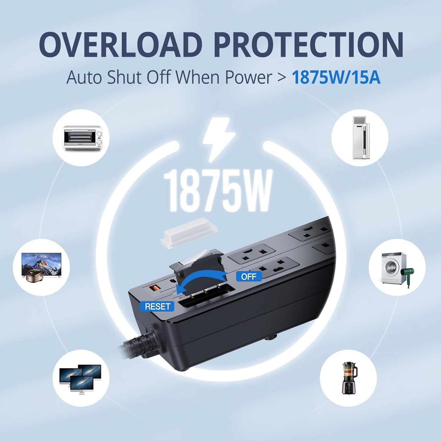 Outdoor Power Strip Weatherproof,Waterproof Surge Protector with 8 Wide Outlet with 2 USB-A and 2 USB-C, 10FT Extension Cord,1875W Overload Protection,Outlet Extender for Patio,Outdoor Decorations