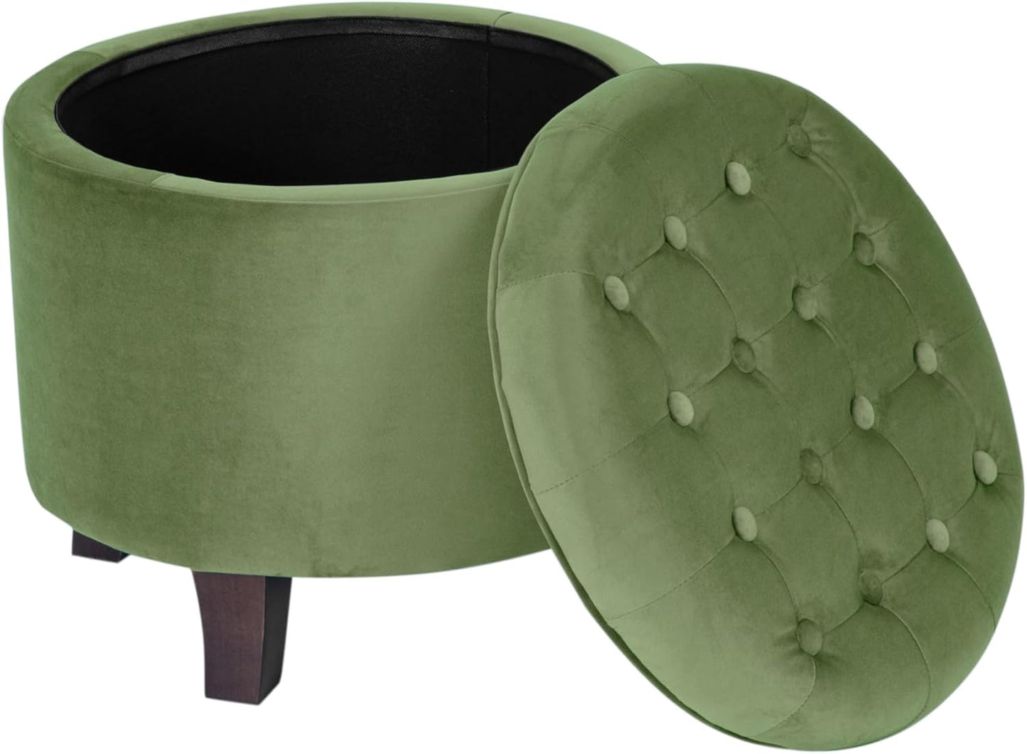 HomePop by Kinfine Fabric Upholstered Round Storage Ottoman - Velvet Button Tufted Ottoman with Removable Lid, Dark Green Small