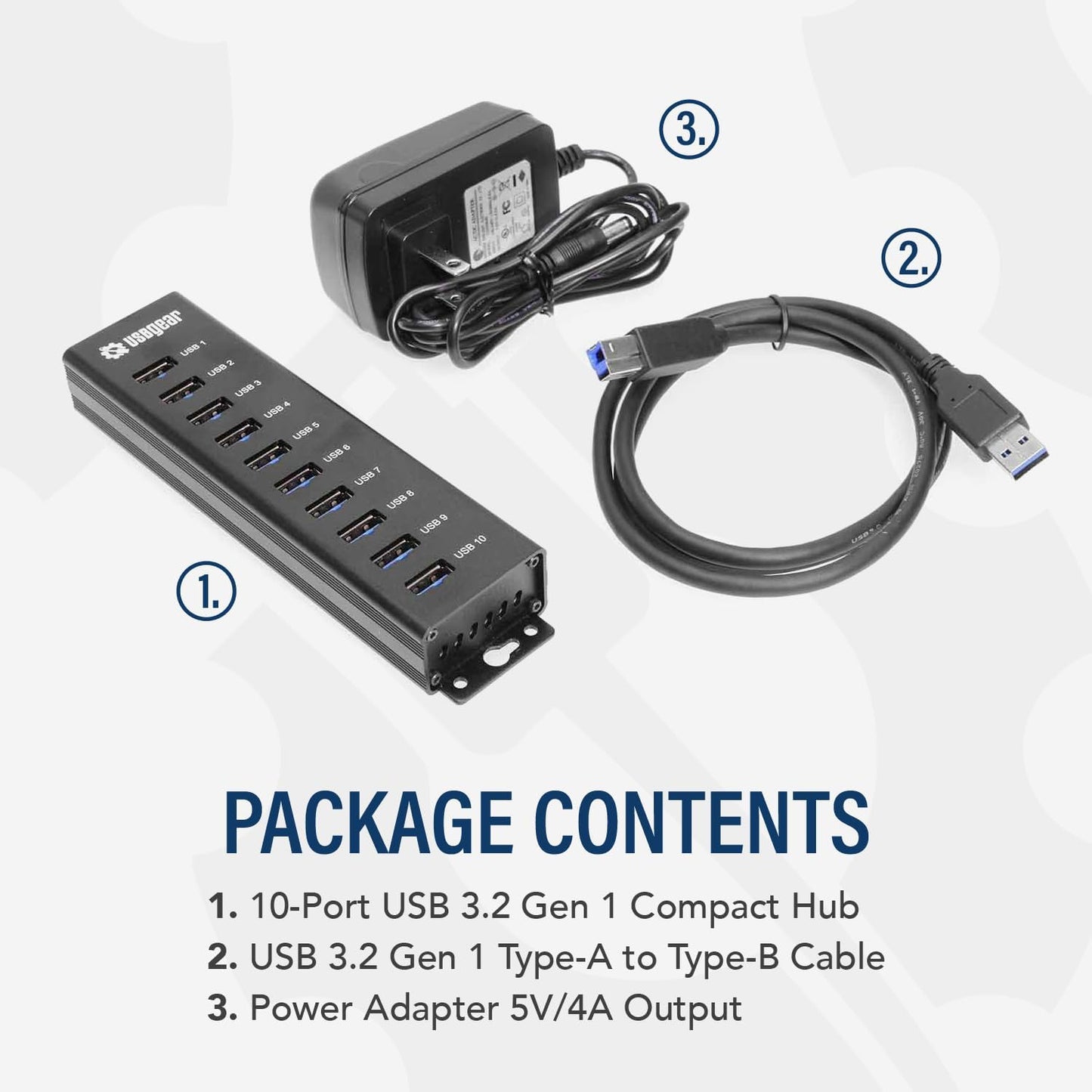10-Port USB 3.2 Gen 1 Mountable Charging and SuperSpeed Data Hub with 5V/4A Power Adapter and USB Type-A to Type-B Cable Up to 900mA per Port Charging Function Wall and Surface Mounting