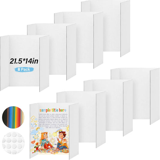 8 Pcs Trifold Poster Board, 21.5x14 inches Small White Poster Board Comes with Sticky Accessories, Corrugated Presentation Boards, Display Board for School Projects, Business Presentations