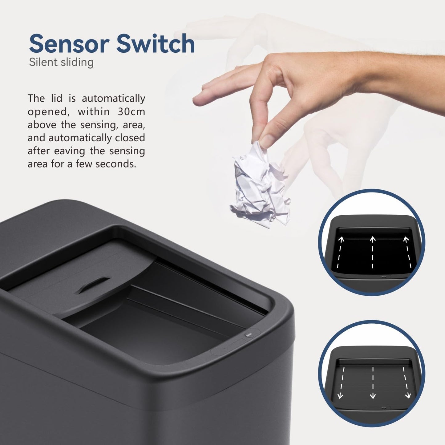 ELLO&ALLO Garbage Can Motion Sensor Trash Can 13 Gallon for Kitchen with Roll Up Lid, Automatic Touch Free High-Capacity with Wheels Black Waste Bin