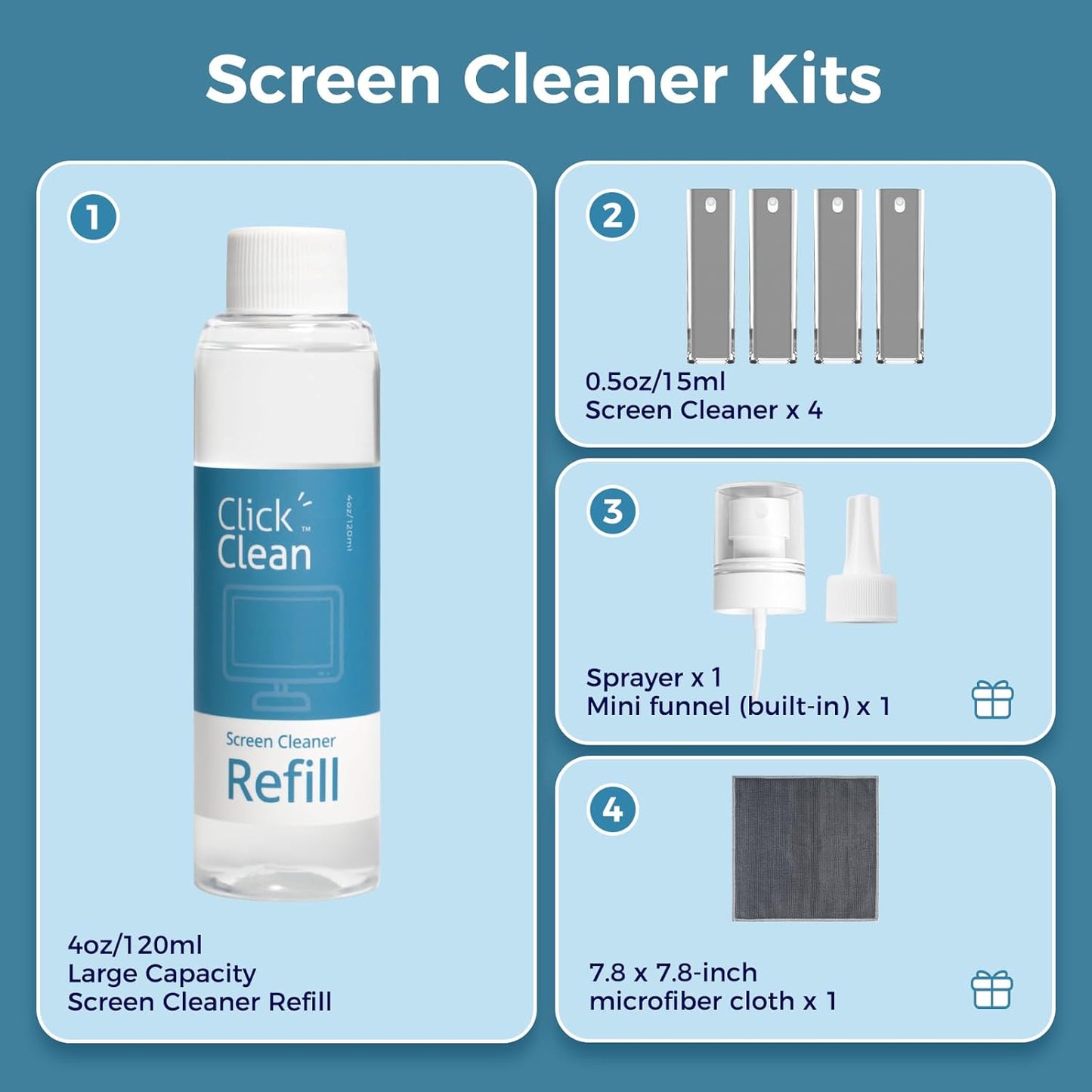 Click Clean Screen Cleaner Kits - 4 All-in-One Screen Cleaner with 4 oz Cleaner Refill, 1 Microfiber Cloth(7.8 x 7.8in), 1 Mini Refill Funnel, and 1 Sprayer - for All Phones, Laptop and Tablet Screens