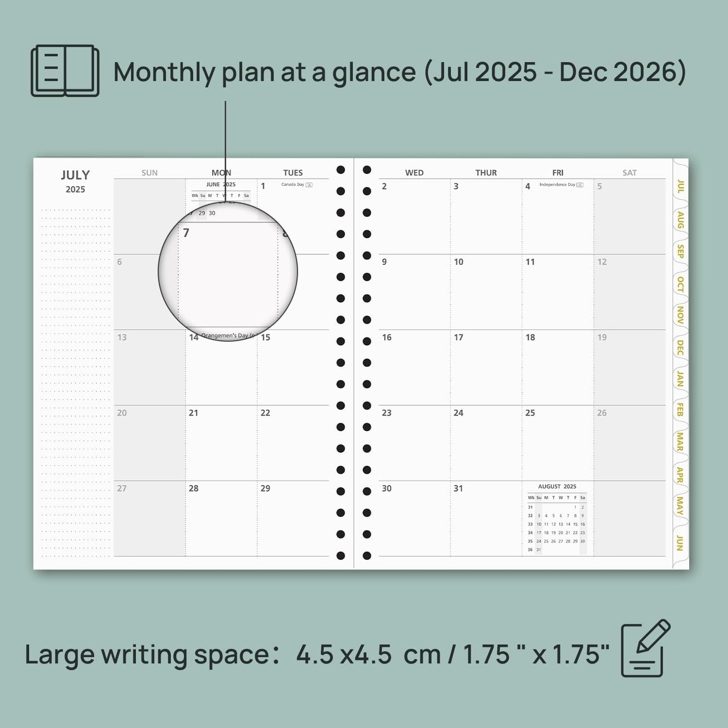 POPRUN Monthly Planner 2025-2026 Spiral Hardcover (8'' x 10''), 18 Months Calendar (Jul.2025 - Dec.2026)- 2 Pages per Month with Dotted Note Pages, Sunday Start, Laminated Tab - Orange