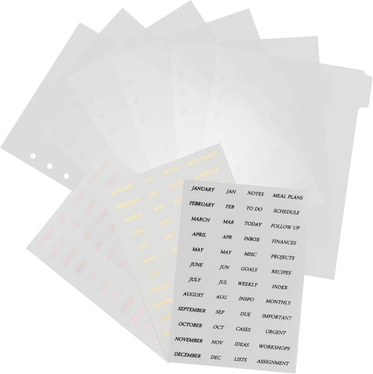 A5 Plastic Binder Dividers 6 Holes Durable Plastic Tab Dividers for 6-Ring Binders, Notebooks, Planners (Clear - 1Set & Stickers)