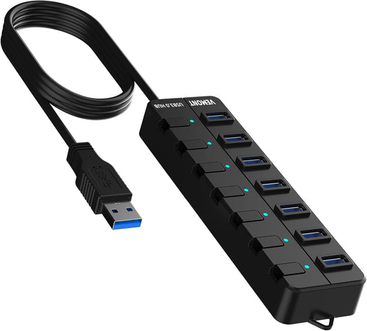VEMONT 7-Port USB 3.0 Hub (Equipped with a 4-Foot Data Cable, Individual Switch, and Indicator Light, it Supports Data Transfer speeds of up to 5Gbps) Suitable for Desktop Computers and laptops.