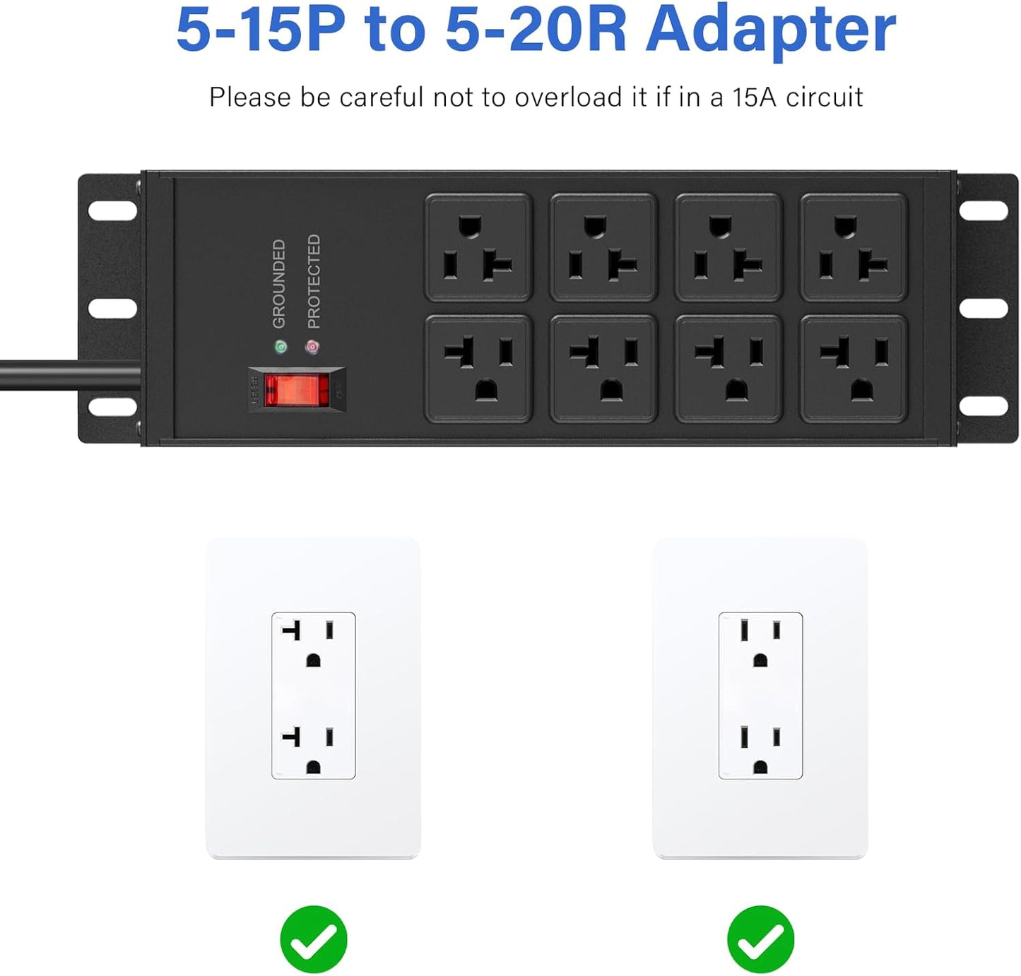 CCCEI Black Heavy Duty Power Strip Surge Protector 20 AMP, 8 Outlets 12 Gauge Industrial Shop Garage Metal Multiple Outlets, 20 FT Extension Cord 5-15P Adapter High Amp 6-20R T-Slot 20a for Appliance