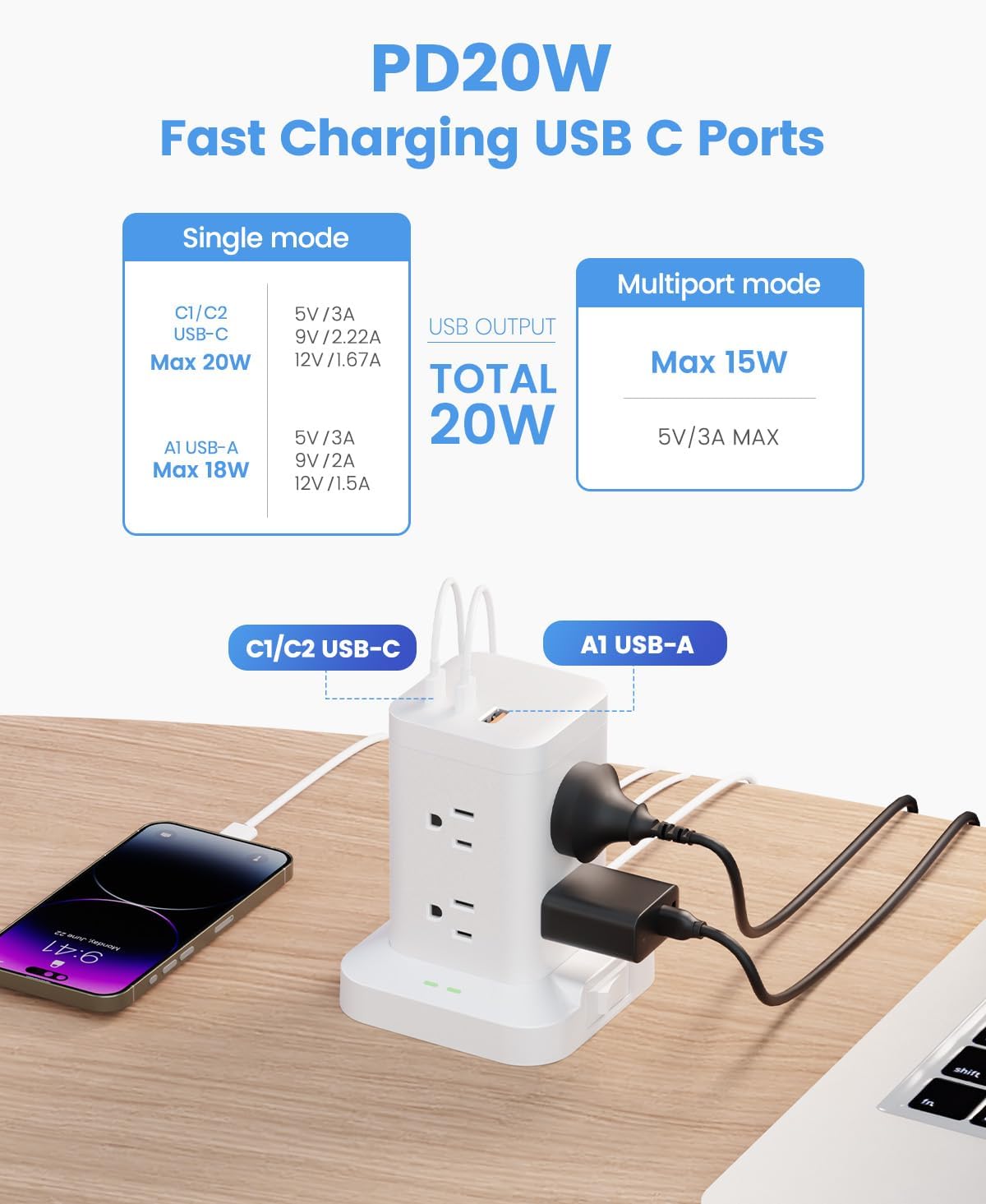 11-in-1 Power Strip Tower with Surge Protector 1800J, Fast Charging Tower PD20W USB-C Ports with 8 AC Outlets, 5ft Extension Cord for Home Office Dorm Room, White