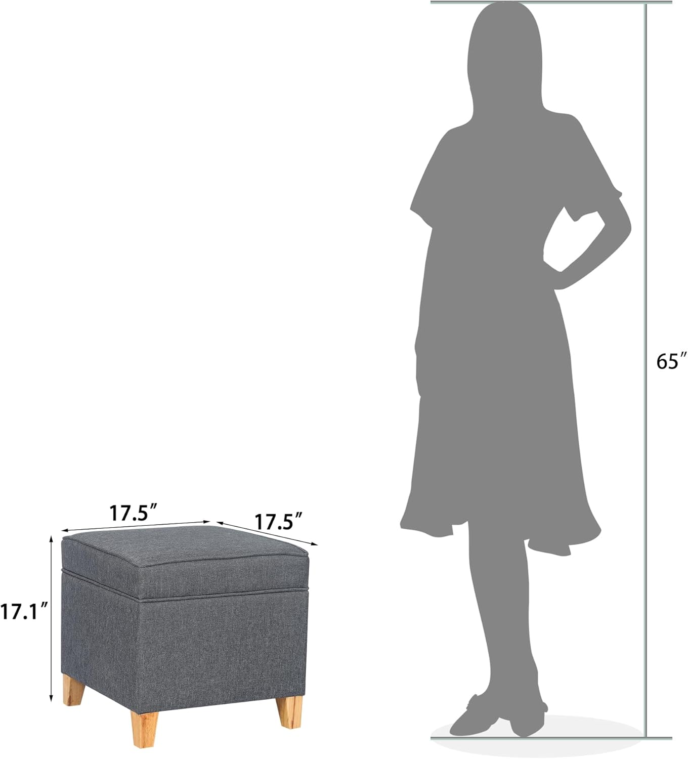 Adeco 17.5" Square Fabric Ottoman with Storage, Upholstered Cotton Linen Foot Rest, Flip Top Footstool, Small Cube Coffee Table Extra Seat for Living Room, Bedroom, Grey with Burlywood Legs