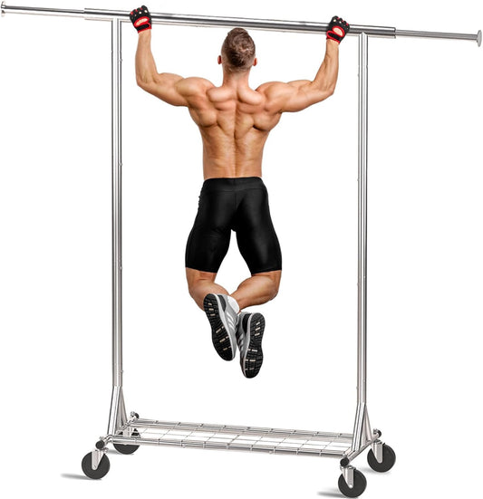 Clothing Garment Rack Capacity 550LBS Rolling Clothes Rack on Wheels - Heavy Duty Collapsible Commercial Storage Organizer - Mobile Clothes Rack with Multifunctional Design (Silver)