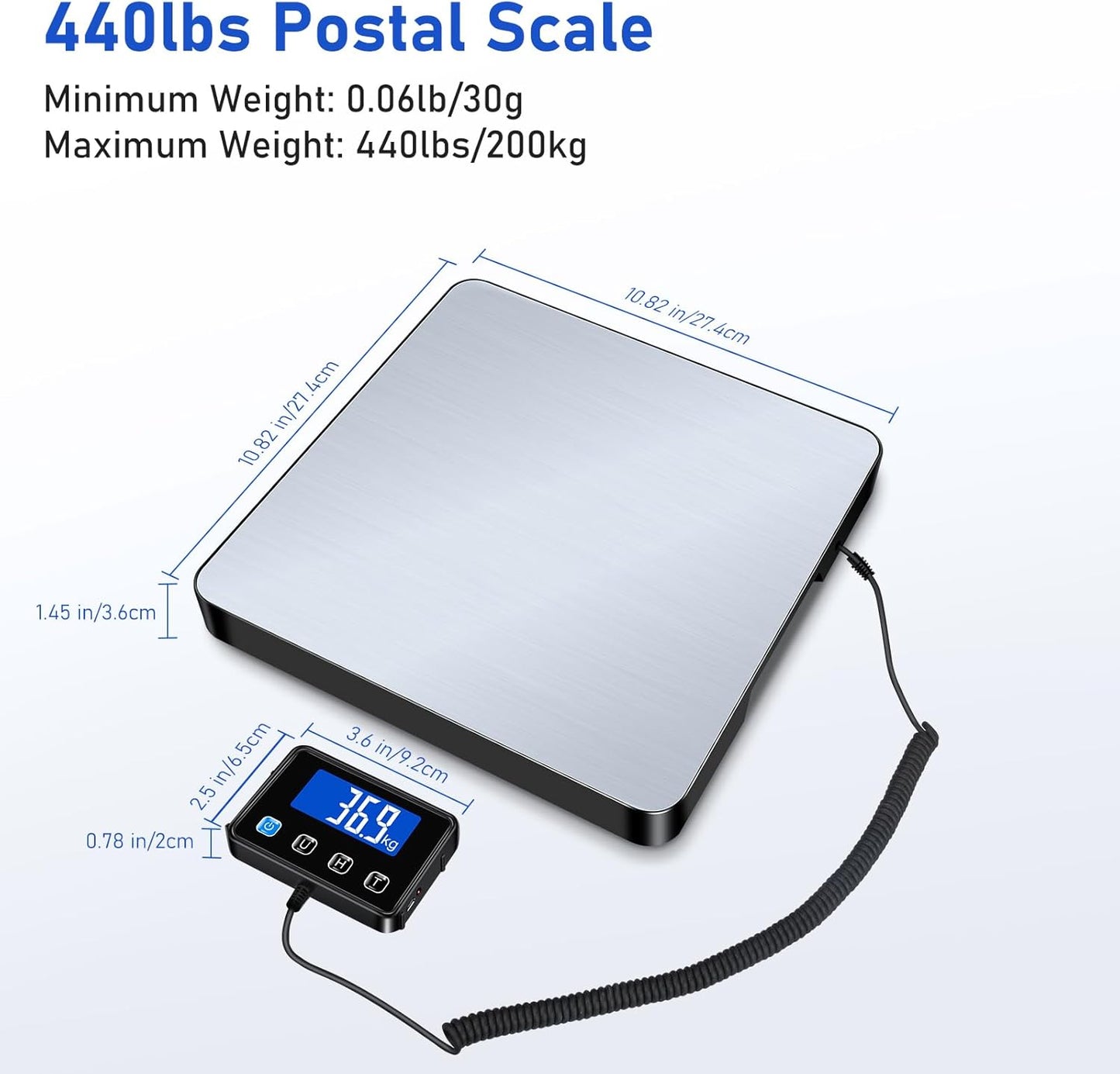 Shipping Scale, 440lb/0.5oz High Accuracy Digital Scale for Packages with Hold, Tare Function, Postal Scale for Small Business, Luggage, Home Use (Battery & Charging Cable Include)