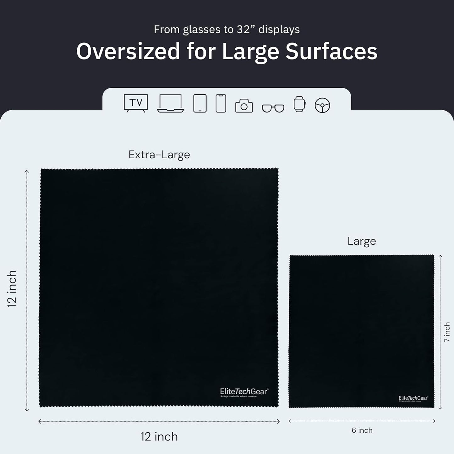 Elite Tech Gear Microfiber Cleaning Cloth for Glasses- 4-Pack, 12" x 12"- Durable Oversized Glasses Cleaning Cloth- Eyeglass Cleaning Wipes for Lenses, Electronics- High Tech Quality Material (Black)