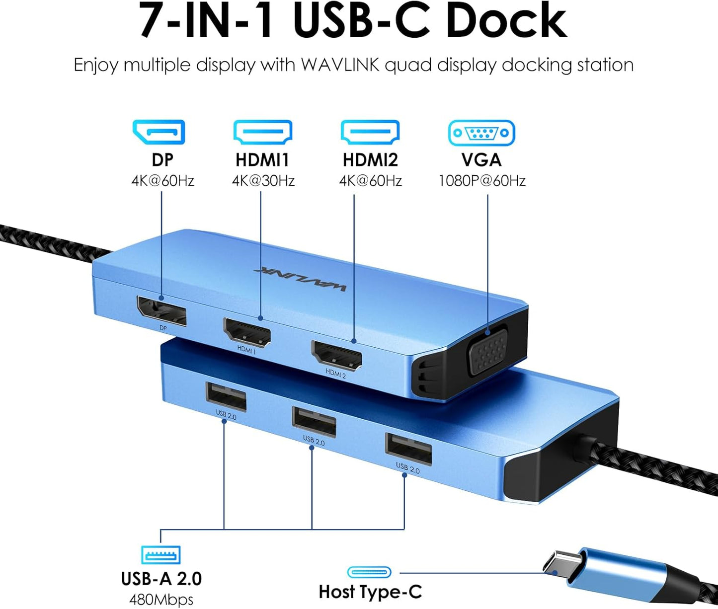 WAVLINK USB C Docking Station for MacBook Dell XPS 13/15, Lenovo Yoga, HP Laptops, USB C to Dual HDMI Monitors for Windows, USB Hub Adapter with Dual HDMI, Displayport, VGA, 3 USB 2.0 Ports, Blue
