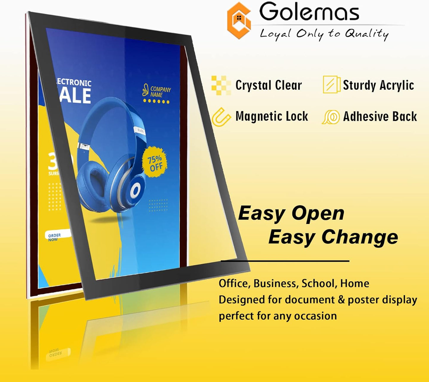 Acrylic Magnetic Sign Holder, Easy-Opening 8.5 x 11 Wall Mount Display Frames, Self Adhesive Back Plastic Clear Document Frame, Horizontal & Vertical Display (Black, 3Pack)