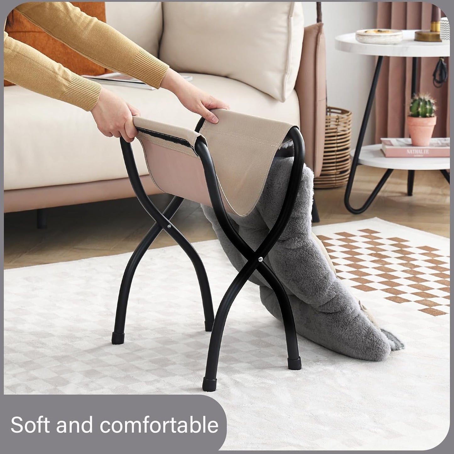 LITA Folding Upholstered Footrest Stool, Modern Small Portable Accent Ottoman with Detachable Thick Cotton Cushion Padded Sofa Stool with Metal Frame for Lazy Chair, Living Room & Bedroom, Plush Grey