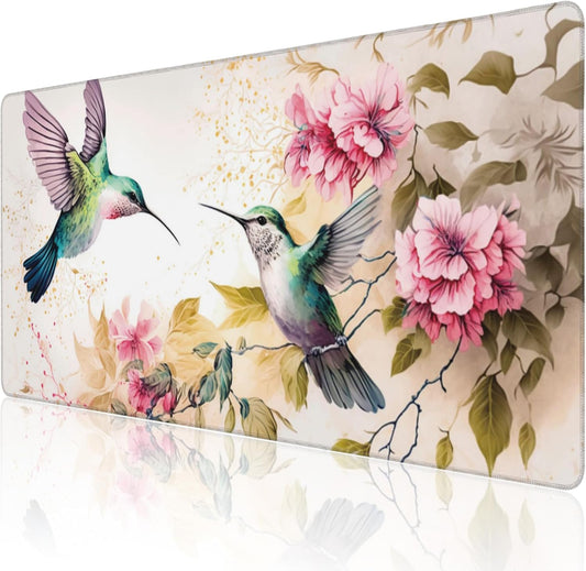 Desk Mat, Pink Flowers and Colibri Birds Extended Large Gaming Mouse Pad for Desk XXL, Non-Slip Rubber Base Stitched Edges Long Computer Keyboard Desk Pad Mouse Mat for Home Office Gaming 35.4"X15.7"