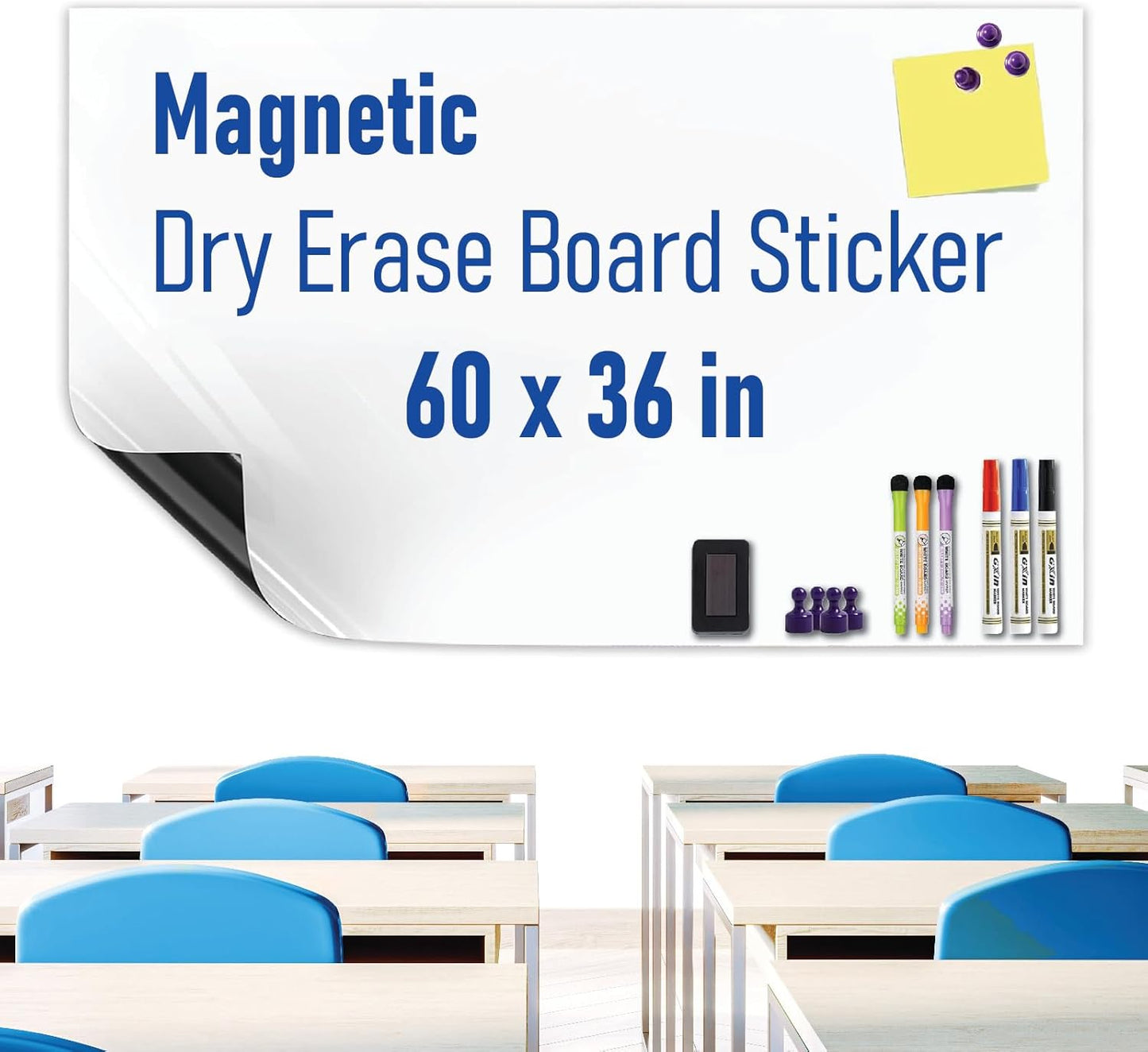 Magnetic Whiteboard Sticker - Adhesive Backing 60" x 36" Dry Erase Board for Wall Whiteboard Contact Paper for Office Home Include Starter Kit