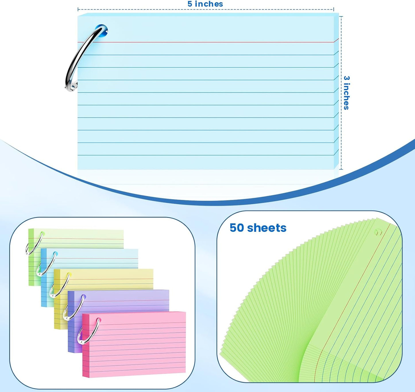 250 Count Index Cards 3x5 Inch with Key Ring, 180gsm Heavy Weight Colored Flash Cards 5 Color Assortment (50 Sheets Each), Note Taking for Students, Teachers, Study Note Cards for Office Home School