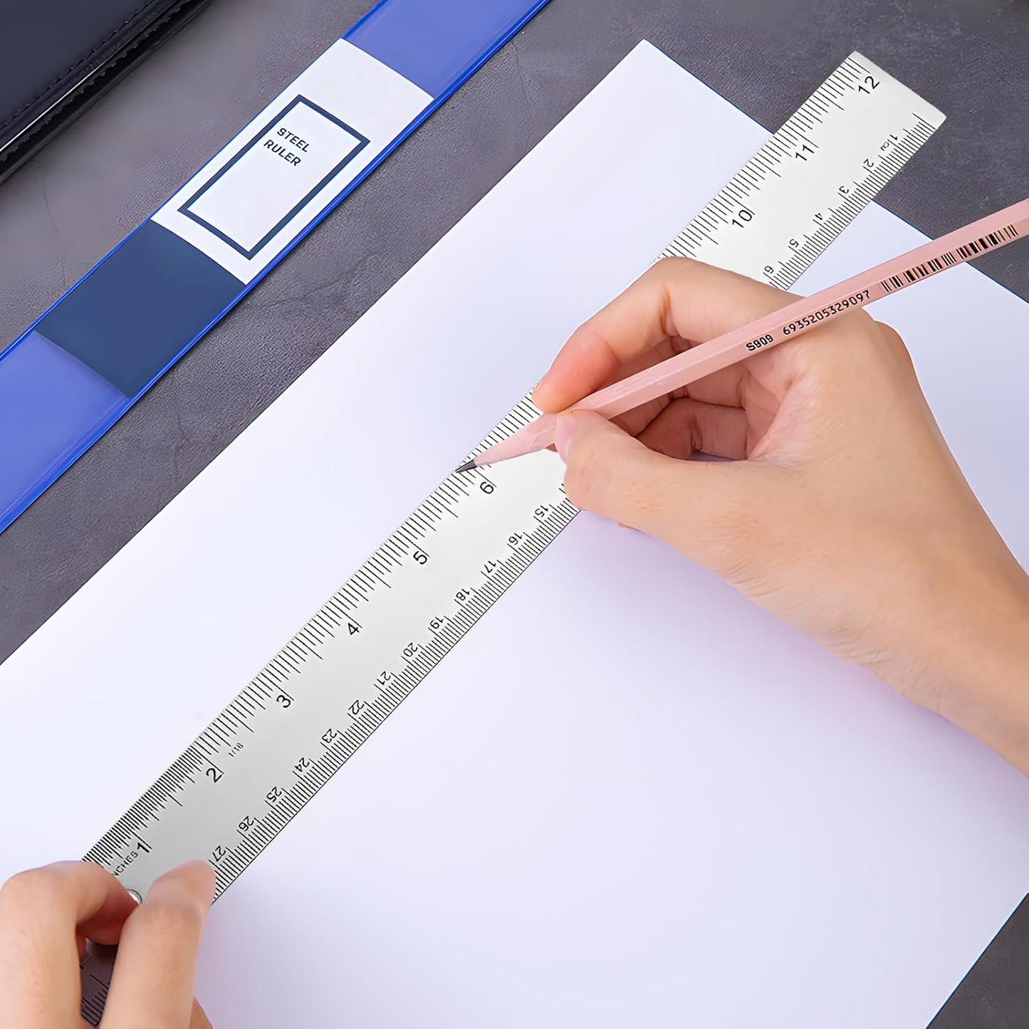4Pcs 12 Inch Metal Ruler, Stainless Steel Rulers with Cork Backing, Imperial and Metric, Non-Slip Prevent Ink Leakage. for School, Office, Engineering, Drafting Tools
