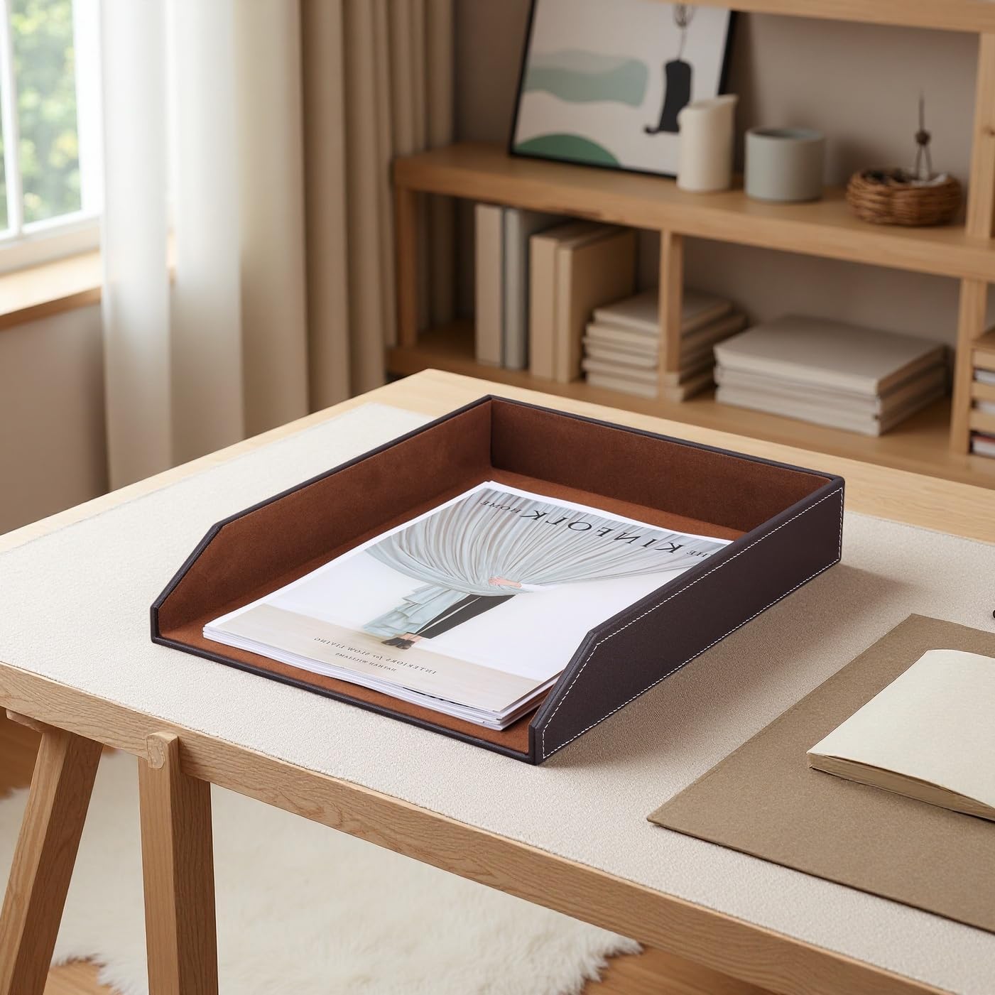 KINGFOM Letter Tray, PU Leather Paper Organizer Tray for Desk, Paper Organizer Storage Holder for Office Home or School A4 Size Brown
