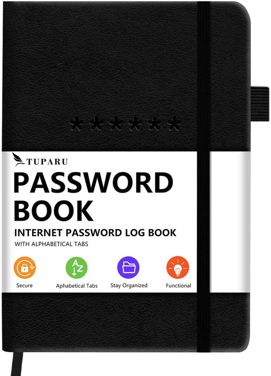 Password Book with Alphabetical Tabs – Hardcover Internet Address & Password Organizer – Password Keeper Notebook for Computer & Website – 5.2 x 7.6" Log-in Password Journal w/Thick Paper (Black)