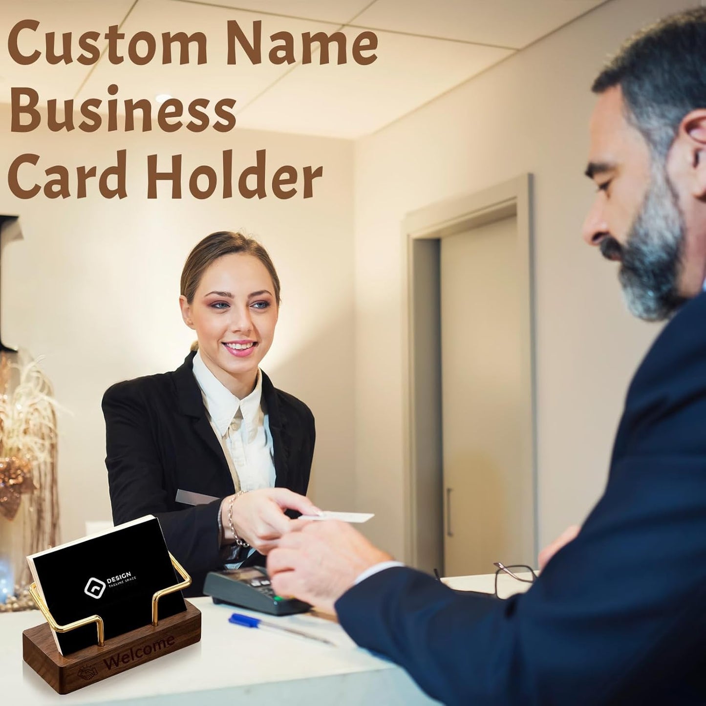 HJX 2Pcs Custom Business Card Holder for Desk - Personalized Engraved Name Logo Wooden Business Card Organizer, Customized Business Card Desktop Display Gifts for Men Women (2 packs)