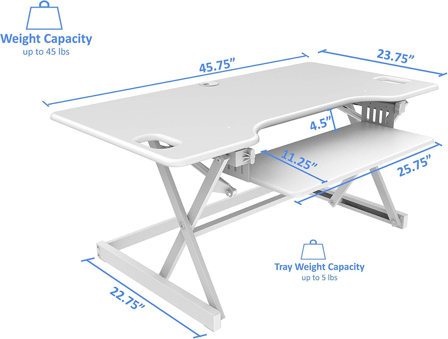 Rocelco 46" Large Height Adjustable Standing Desk Converter - Quick Sit Stand Up Triple Monitor Riser - Gas Spring Assist Computer Workstation - Retractable Keyboard Tray - White (R DADRW-46)