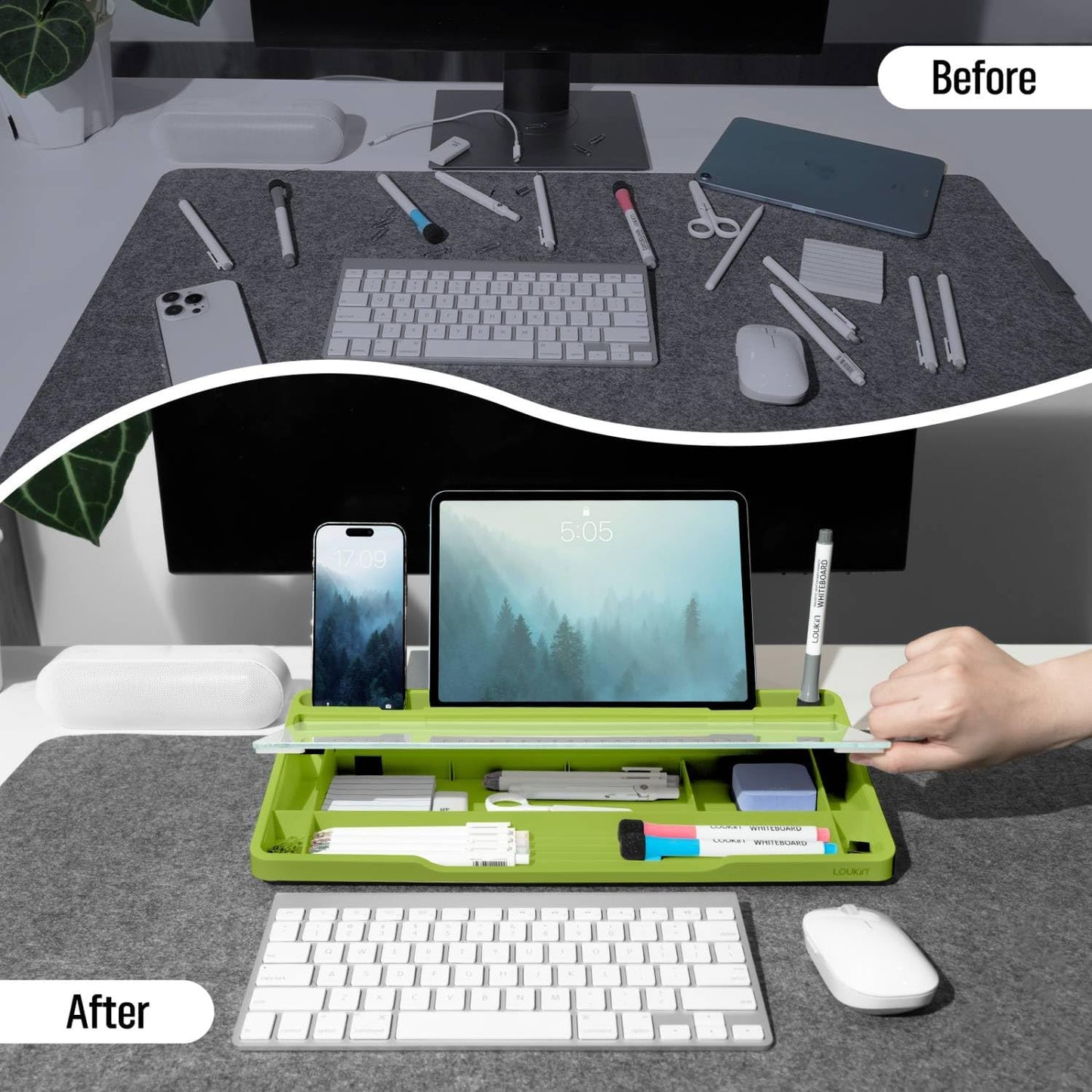 LOUKIN Glass Desktop Whiteboard, 15.3" x 5.6" Dry Erase Desk Board with Dotted and Graduated Surface, Desktop Buddy, Great for Design and Drawing, 3 Markers and 1 Dry Erase Eraser Included (Green)