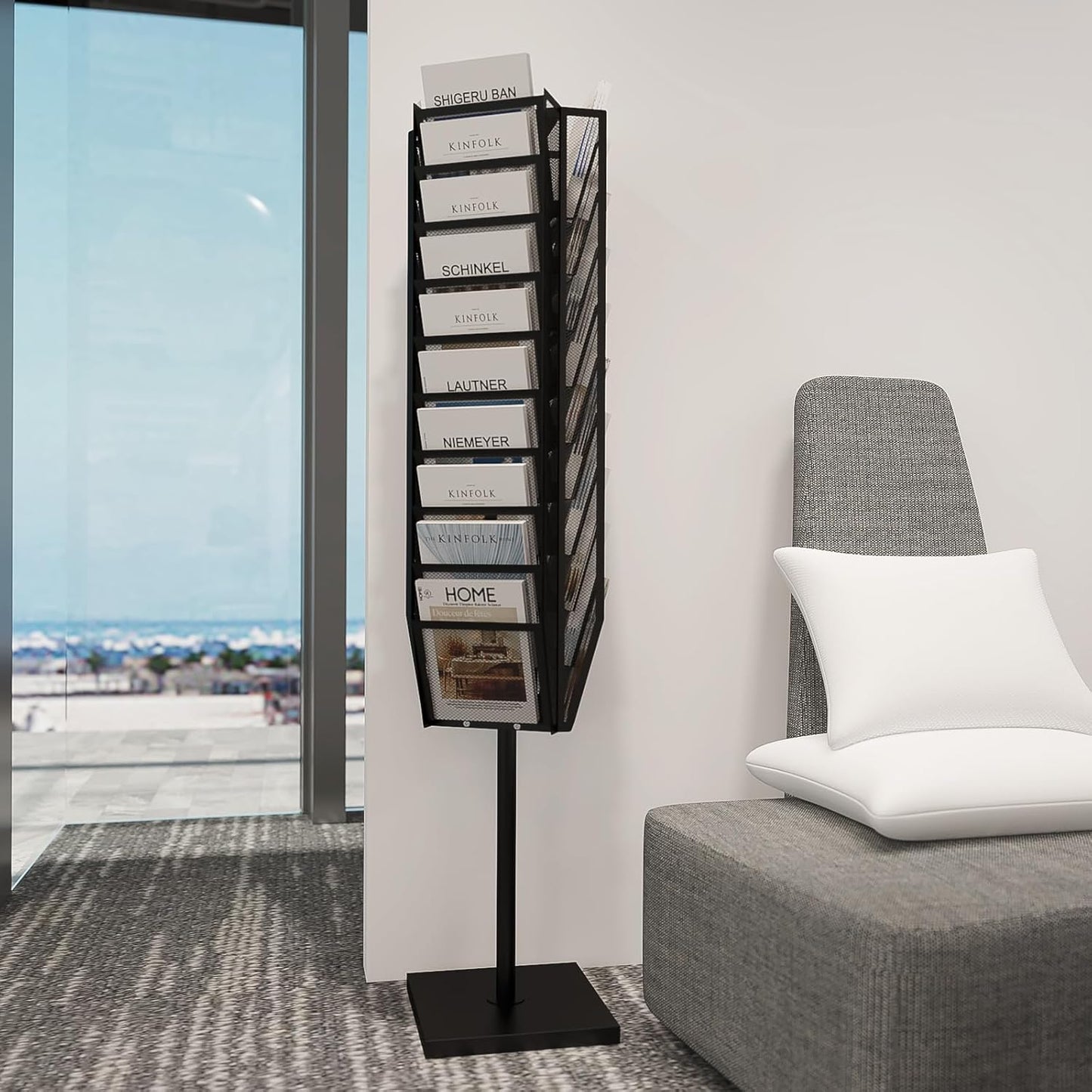 Rotating Mesh Magazine Rack,Brochure Display Stand With 30 Pockets,Commercial and Public Place Literature Rack