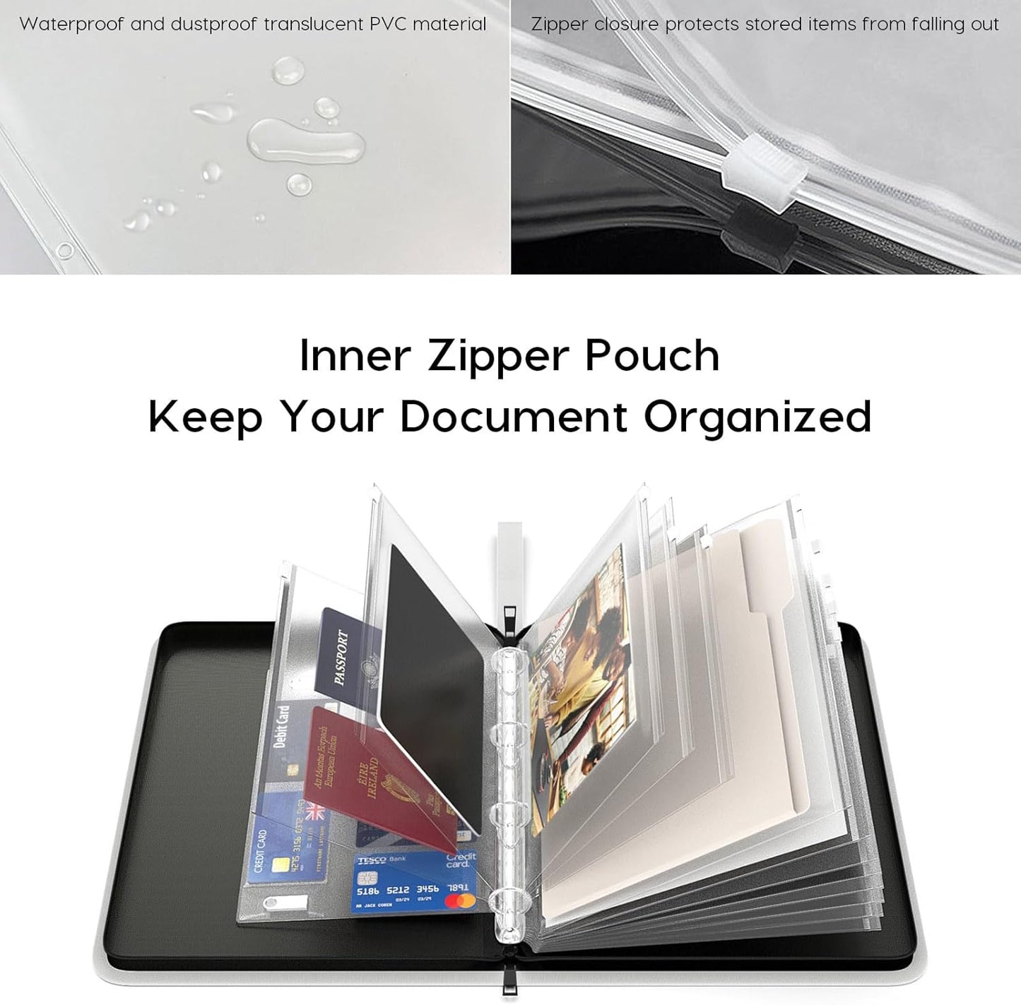 Important Document Organizer Zipper Binder, Fireproof Document Bag for Birth Certificate Protector, Waterproof Bill Organizer in Case I Go Missing Binder for Home Safe, 4 Ring Receipt Holder(Sliver)