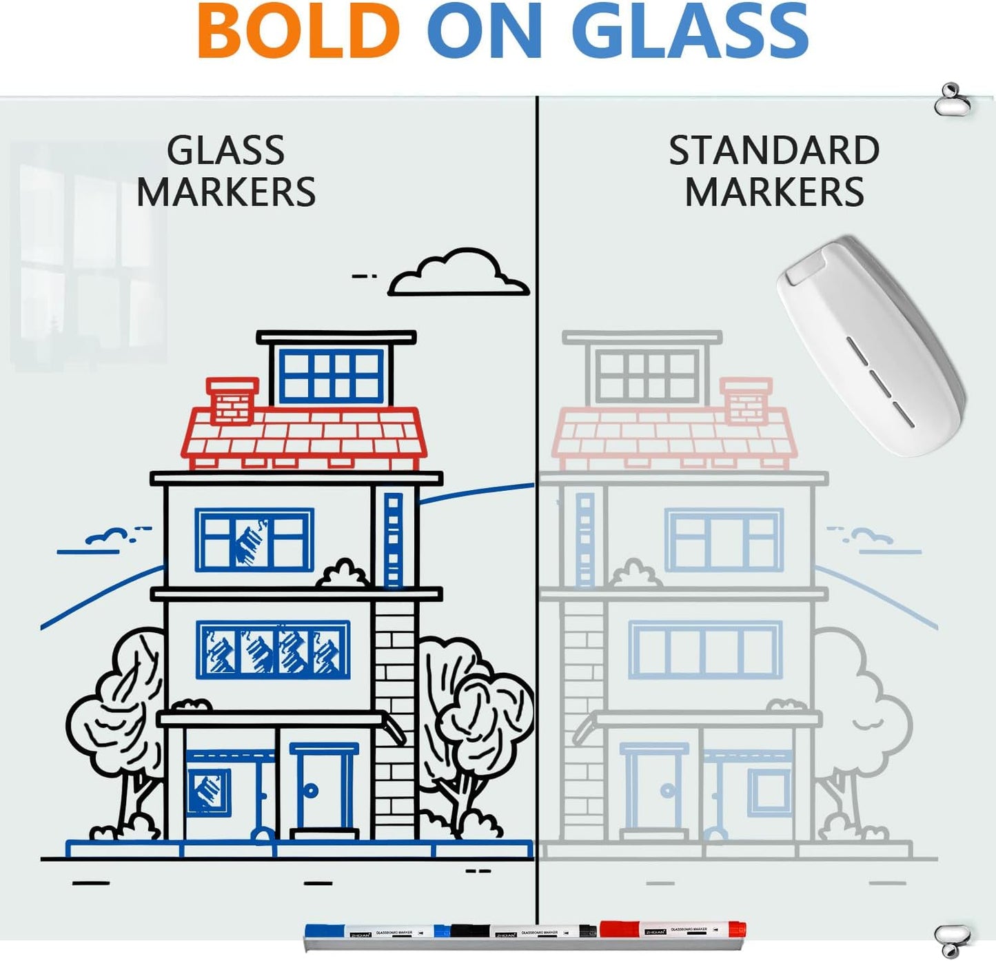 Glass Whiteboard Markers, Spray Magnetic Eraser & 2-in-1 Reversible Dual Tip - Bullet & Fine Point, Erasable Liquid Dry Erase Pens (4 Black 1 Blue 1 Red) for Acrylic Window Mirrors