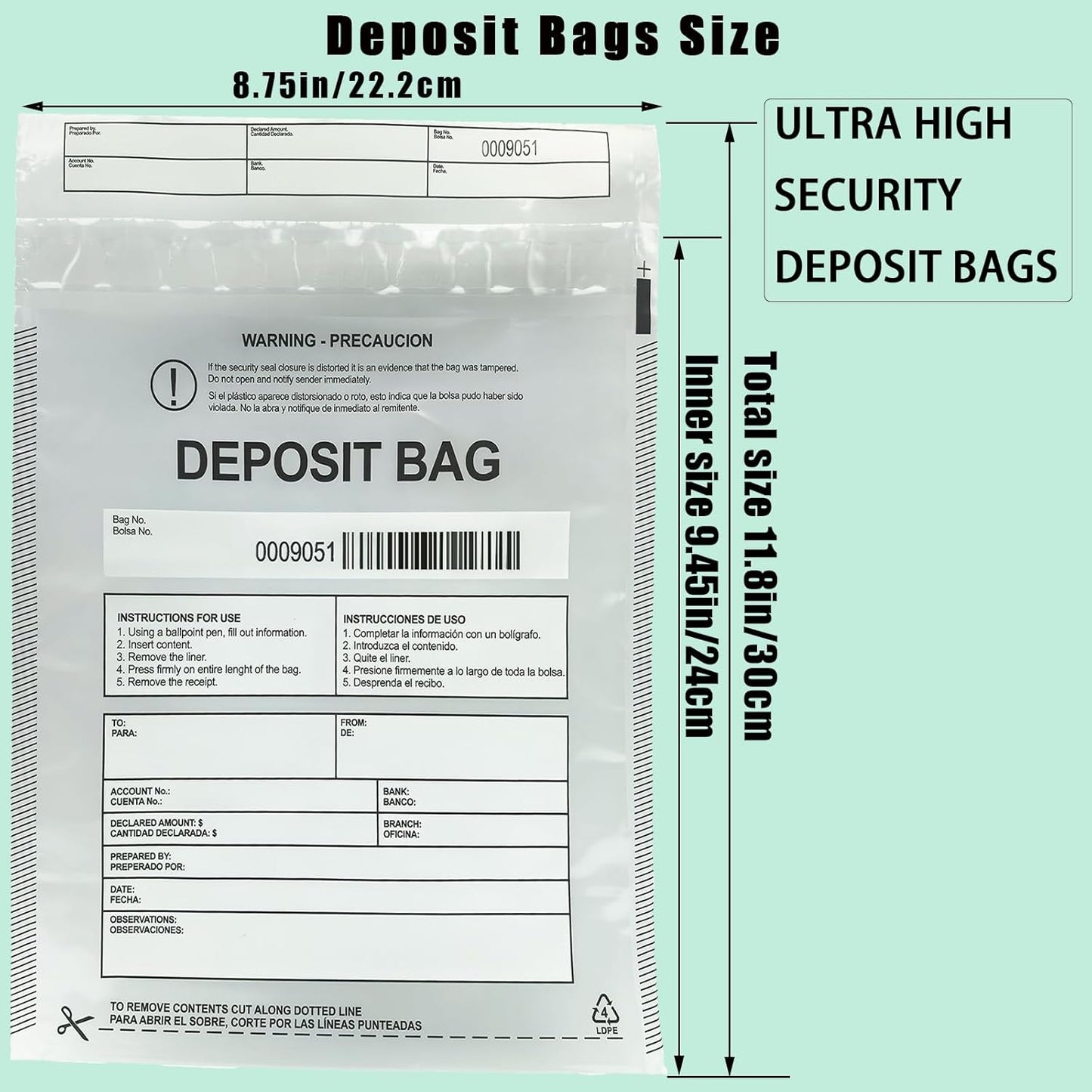 Plastic Deposit Bags 100 Pack Clear 9''x 12'', Security Bank Deposits Bags,Cash register bag,Money bag for Cash,Bank Pocket,Tamper-Evident Bag,Unique Barcode