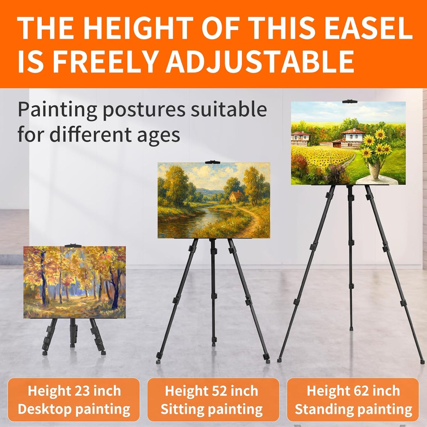 Easel Stand for Sign, Adjuastable Travel Art Canvas Holder with Portable Bag, Metal Tripod Poster Holder Stand Height from 17 to 66 inches, Black