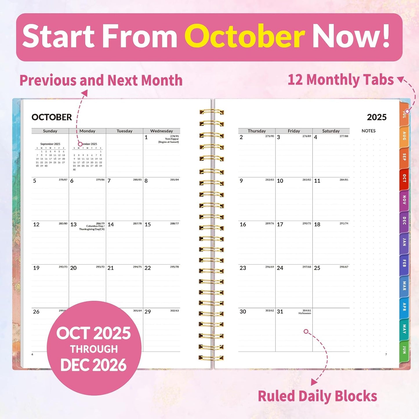 SUNEE 2026 Weekly and Monthly Planner - from January 2025 - December 2025, 6.4" x 8.3" Daily Agenda Planner with Monthly Tab, Flexible Cover, Note Pages, Pockets, Bookmark, Spiral Binding, Marble