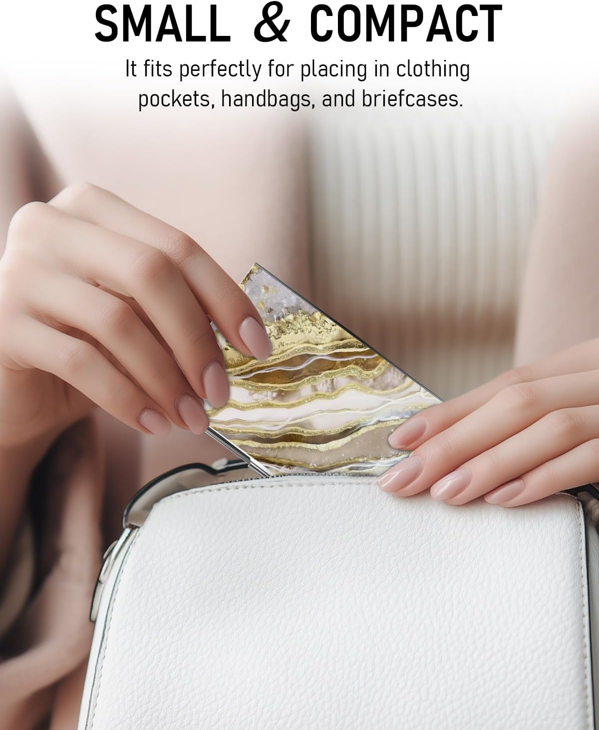 Business Card Metal Slim Organizer, Professional Stainless Steel Square Pocket Wallet for Office Workers, Compact and Portable for Pockets (Gold Marble)