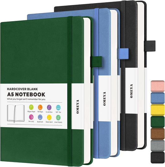 Blank Journal Notebook, 3 Pack A5 Sketch Book, Hardcvoer Sketchbook for Drawing with 100GSM Thick Paper, Leather Journal for Writing, Unlined Journal for Women, Men, School, 160 Pages, 5.7" x 8.4"