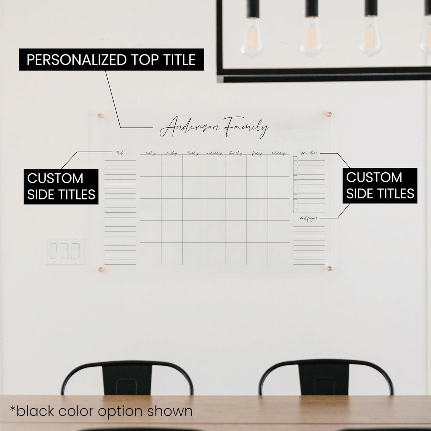 Personalized Clear Acrylic Calendar for Wall, Calendar Whiteboard for Wall, Dry Erase Wall Calendar, Wall Calendar Organizer System for Home (Cursive, Navy, 38"W x 26"H)