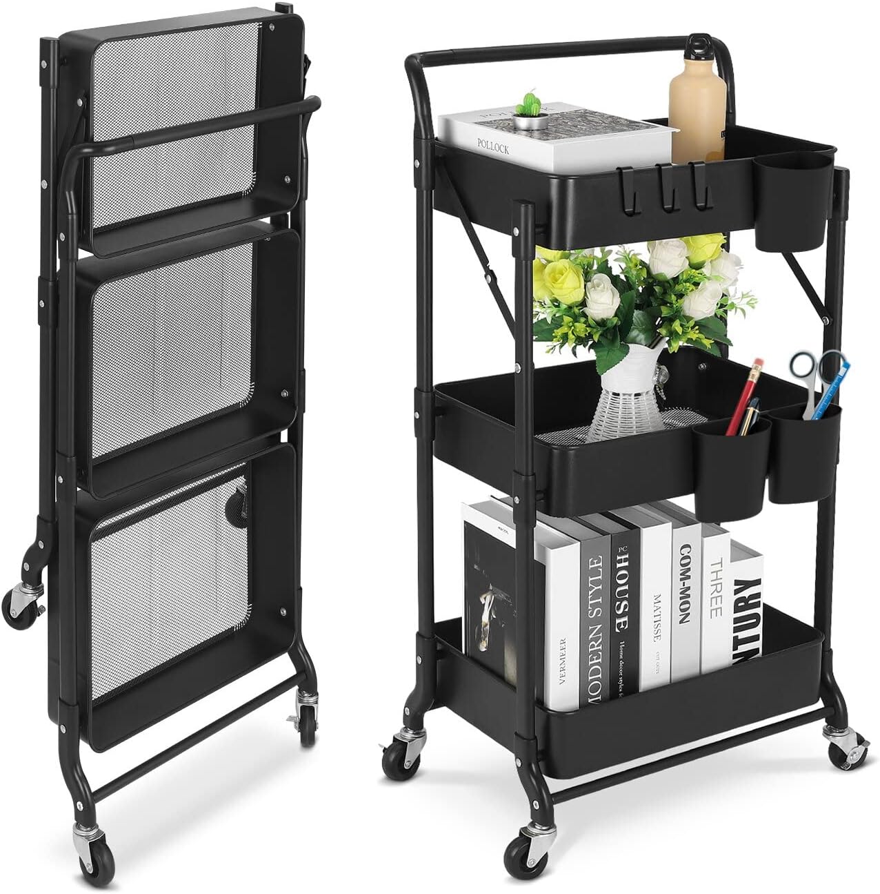 Foldable 3 Tier Metal Utility Rolling Cart, Folding Mobile Multi-Function Storage Trolley Organizer Cart for Home Library Office(Black)
