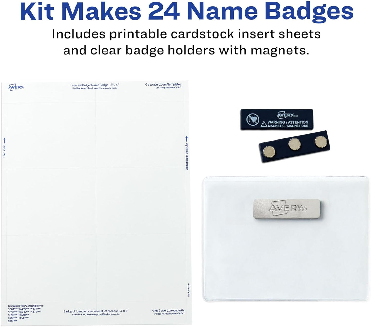 AVERY Name Badges, 3" x 4", Magnetic | Clear | Customizable | With Printable Inserts | 24 Badges, Pack of 5