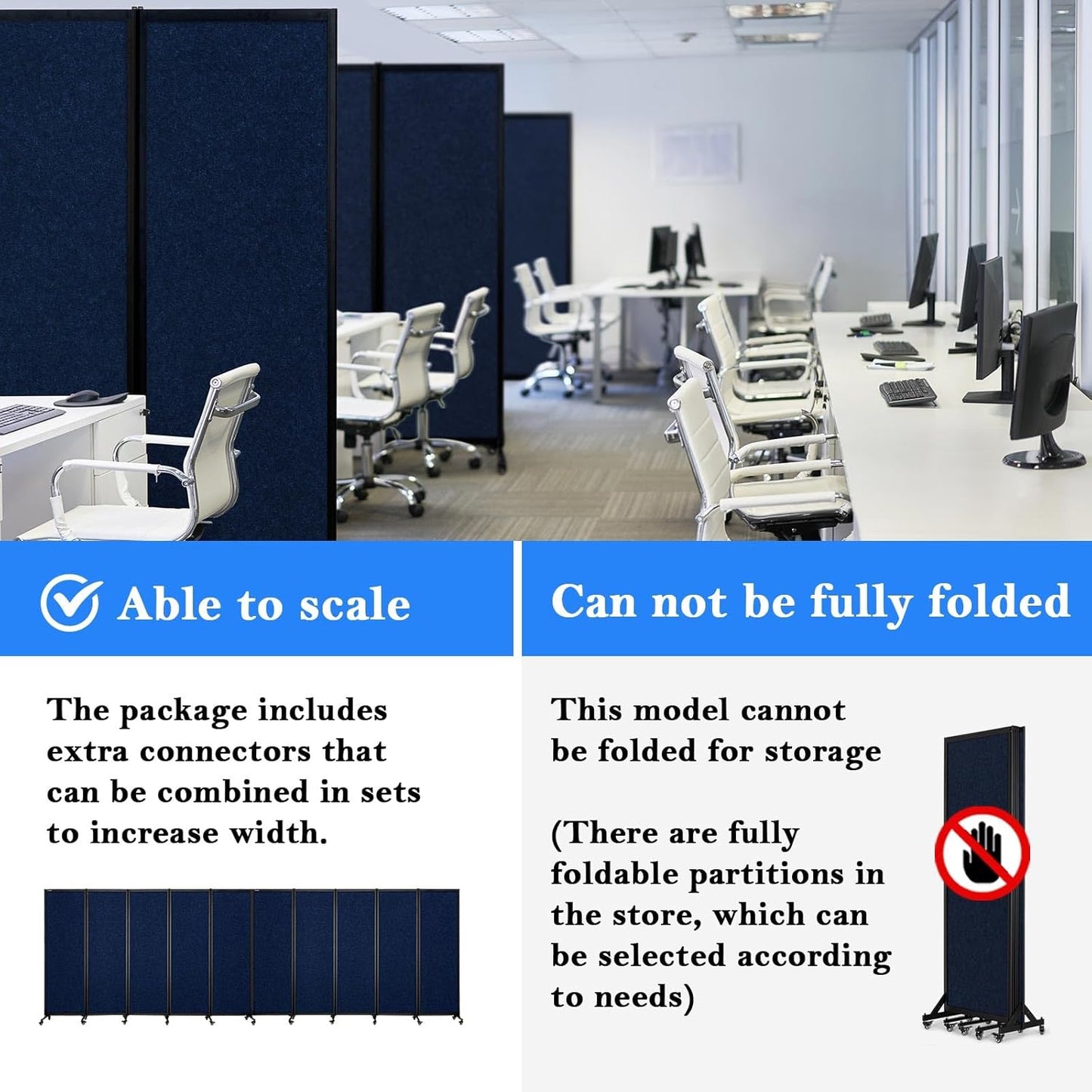 Upgrade Version Room Partition and Divider, Freestanding Rolling Dividers with Wheels,Office Privacy Screen Divider Wall,Classroom Felt Dividers,8'2"L* 6'7"H,4 Panel，Blue
