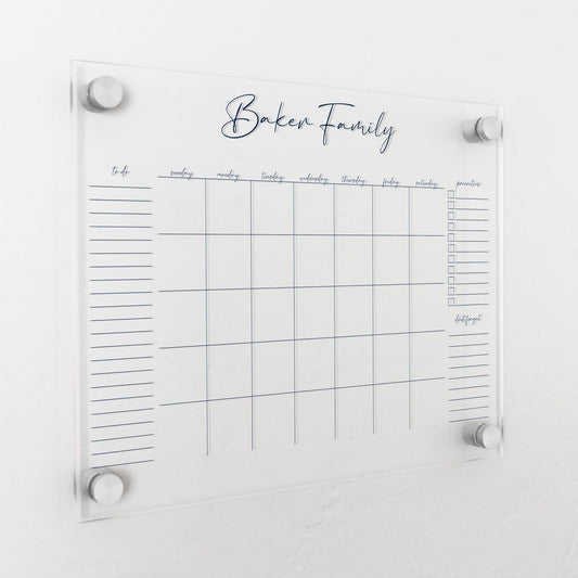 Personalized Clear Acrylic Calendar for Wall, Calendar Whiteboard for Wall, Dry Erase Wall Calendar, Wall Calendar Organizer System for Home (Cursive, Navy, 14"W x 11"H)