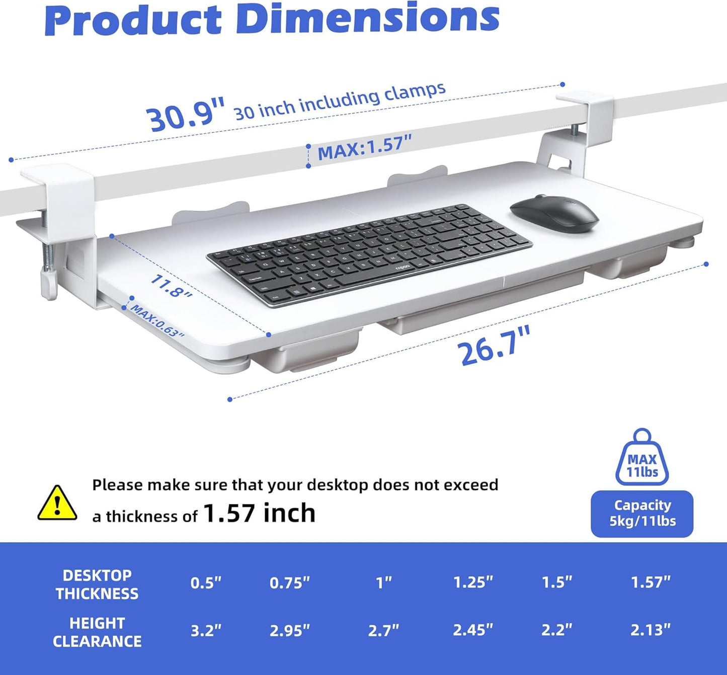 Keyboard Tray Under Desk with Drawer,26.77" X 11.81"Large Size Keyboard Tray with C Clamp-on Mount, Easy to Install, for Home Office (White)