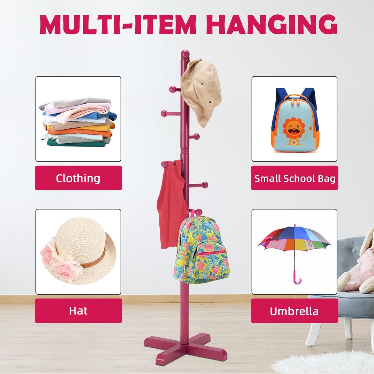 Kids Coat Rack, Freestanding Coat Racks with 8 Hooks 2 Adjustable Height, Tree Coat Rack for Bedroom, Hallway, Entrance, Office, Hats, Handbags,Purse (Dark-Rose)