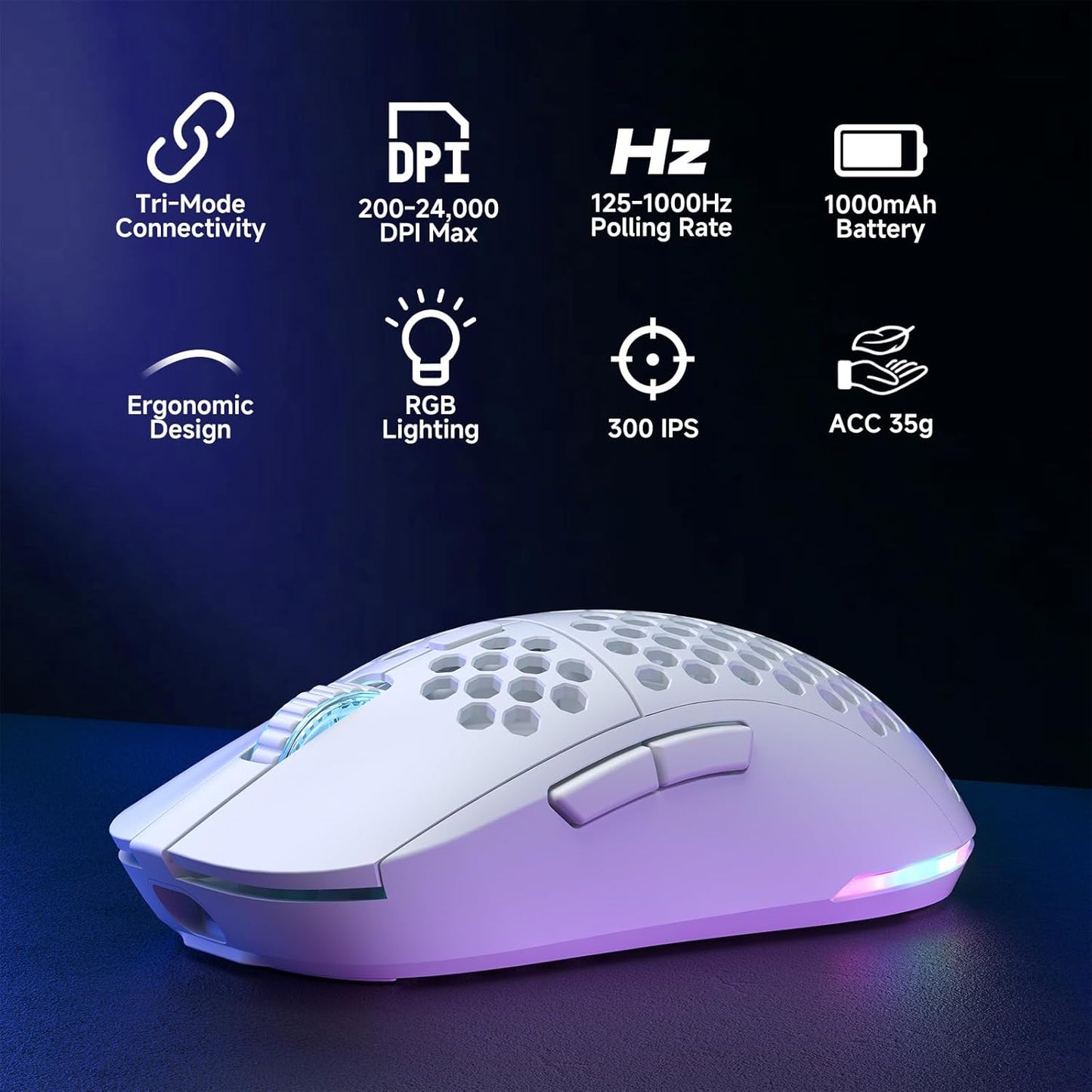 DIERYA M1 Wireless Gaming Mouse, 24000DPI, 180Hrs Battery, 16.8M RGB, 6 Programmable Buttons, Lightweight, Tri-Mode (2.4G/BT5.2/USB-C) for PC/Mac/Laptop - White