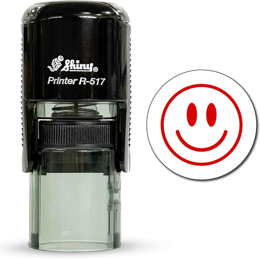 Shiny Smiley Face Teacher Stamp, Round Self Inking Stamp for Classroom, Red Ink