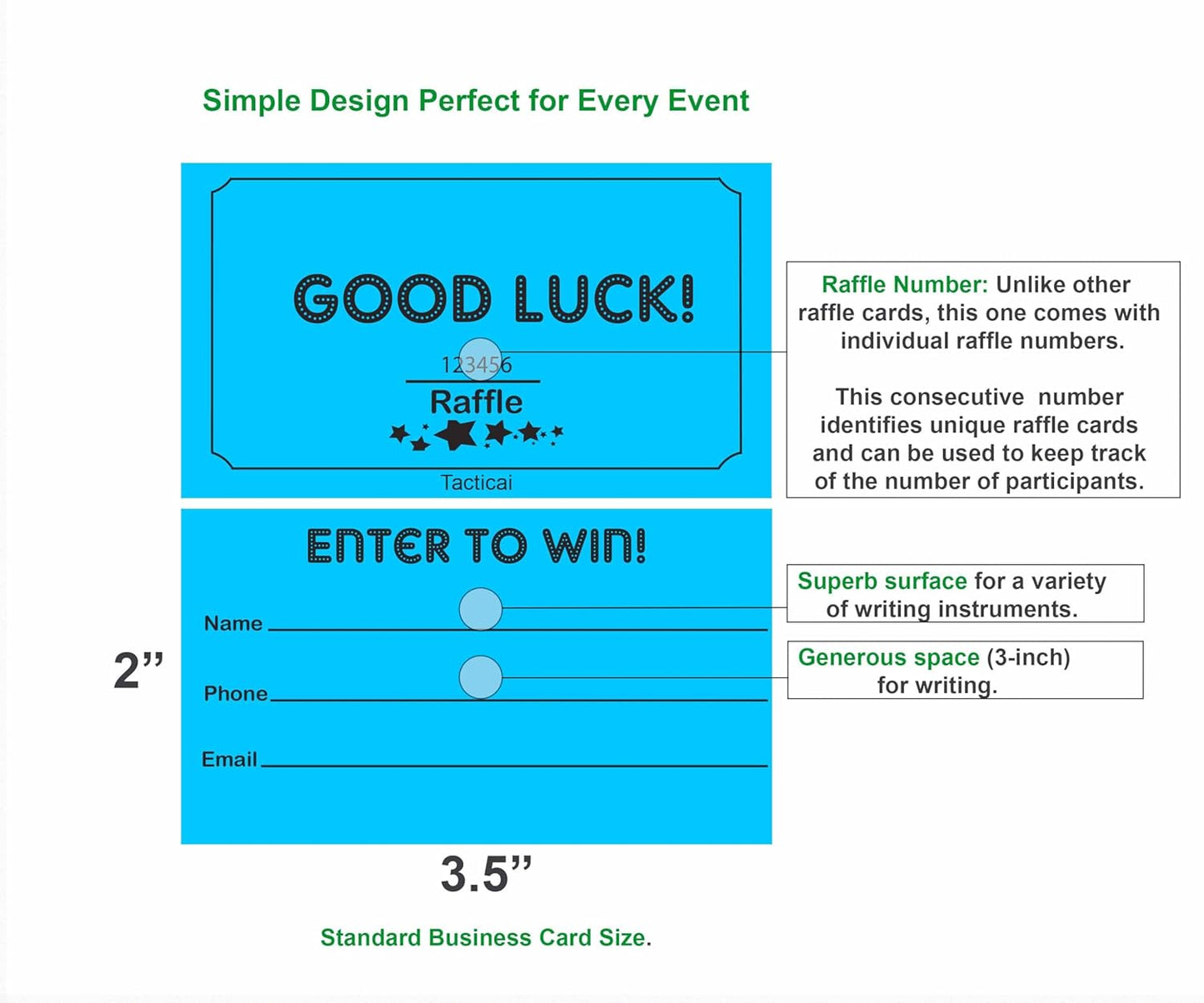 Tacticai 250 Raffle Tickets, Blue (1 of 8 Colors), Raffle Cards, Entry Form with Name, Phone & Email for Events, Fundraiser & Prizes
