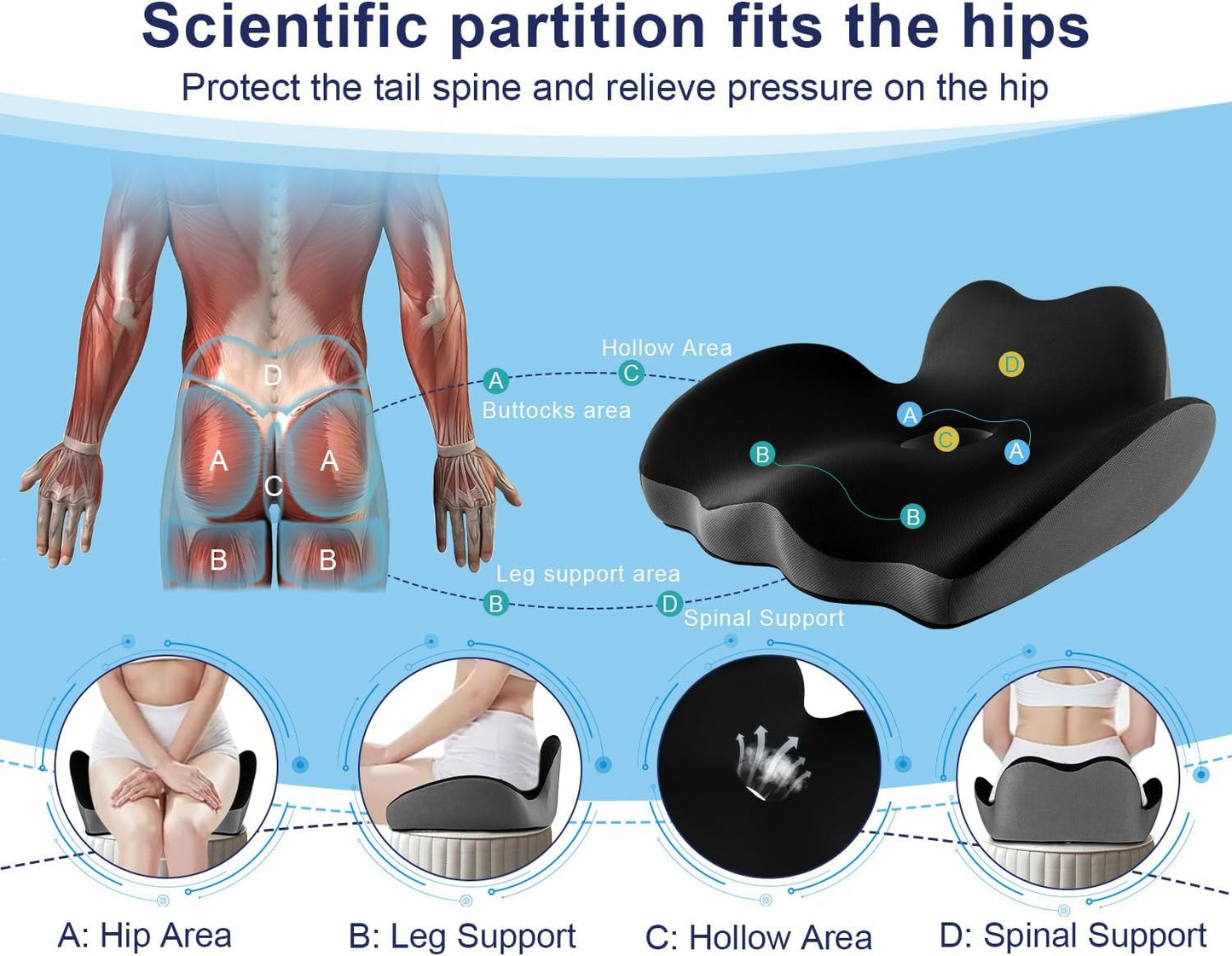 Premium Orthopedic Seat Cushion,X Large Breathable Office Chair Cushion - Enhanced Hip & Tailbone Support,Pressure Relief Sciatica & Leg Relief Let 8+ Hour Sitting Comfort, for Office/Game/Wheelchair