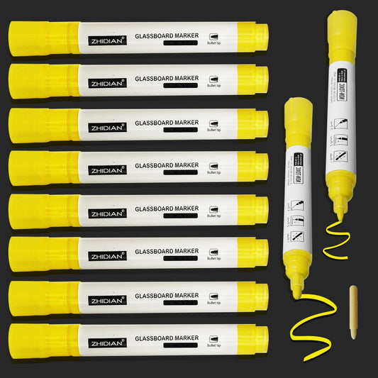 Bright Yellow Dry Erase Markers for Black Glass Board, 2-in-1 Reversible Dual Tip - Bullet & Fine, Easy Clean Grip Liquid Chalk Pens for Acrylic Board, 10 Pack